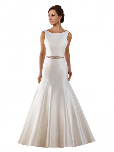 Shop Modern Boat Neck Mermaid Satin Wedding Dress with Deep V-Back Edmonton