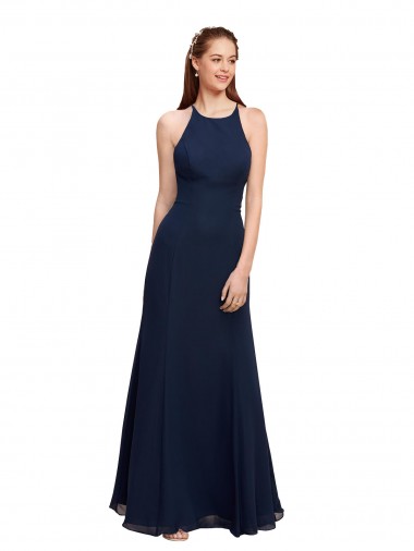 Shop High Halter Fit and Flare Long Chiffon Bridesmaid Dress / Prom Dress with Criss Cross Low Back Edmonton