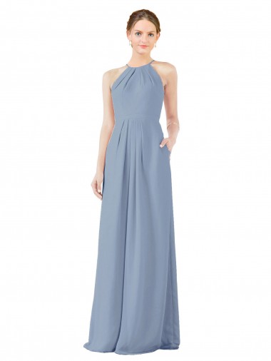 Shop Fitted Long High Halter Neck Chiffon Bridesmaid Dress with Keyhole Back Edmonton