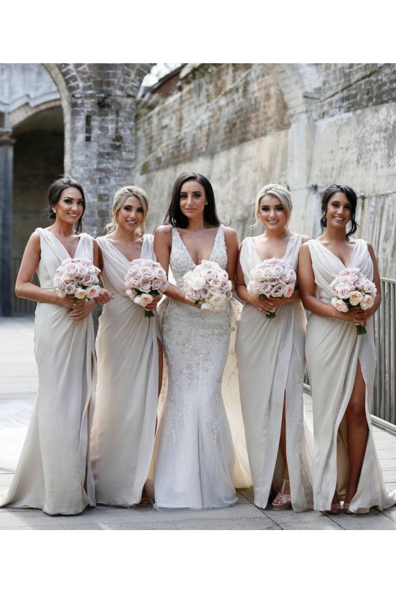 Chiffon Long Champagne Bridesmaid Dress with Sexy High Slit and Front Ruffles
