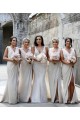 Chiffon Long Champagne Bridesmaid Dress with Sexy High Slit and Front Ruffles