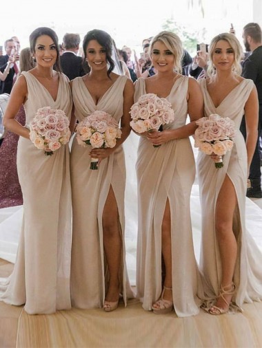 Shop Chiffon Long Champagne Bridesmaid Dress with Sexy High Slit and Front Ruffles Edmonton
