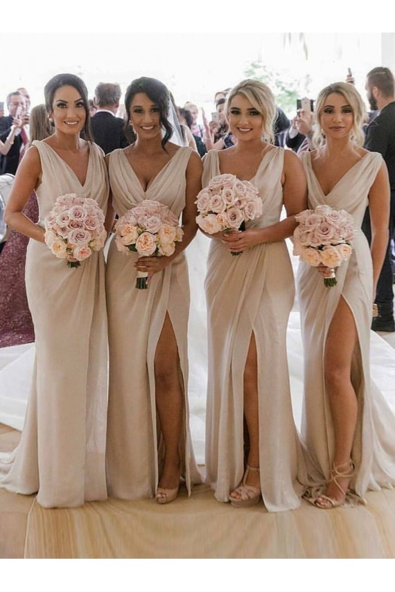 Chiffon Long Champagne Bridesmaid Dress with Sexy High Slit and Front Ruffles