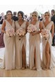 Chiffon Long Champagne Bridesmaid Dress with Sexy High Slit and Front Ruffles