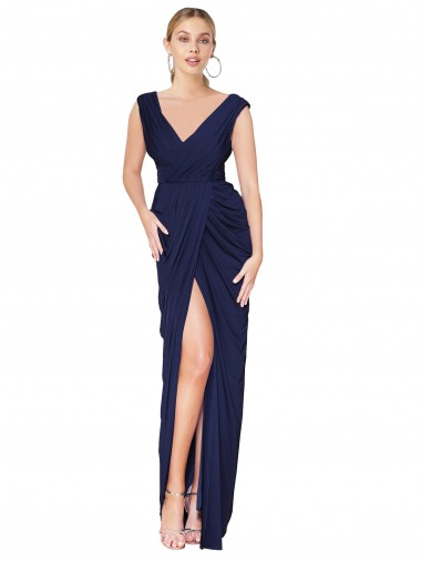 Shop Draped V-Neck Long Chiffon Bridesmaid Dress / Formal Prom Dress with Front Slit Edmonton