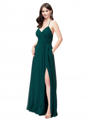Shop Chiffon Bridesmaid Dress with Draped Surplice Bodice & Pockets Edmonton