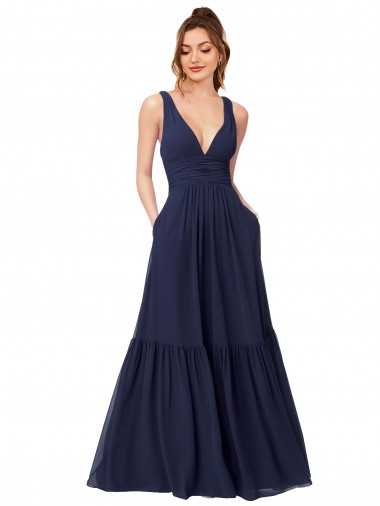 Shop Floor Length Deep V-Neck Ruched Chiffon Long Bridesmaid Dress Edmonton