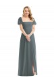 Puff Sleeves Chiffon Maxi Bridesmaid Dress with Front Slit