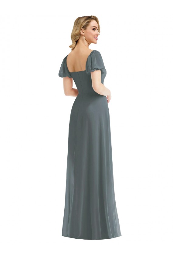 Puff Sleeves Chiffon Maxi Bridesmaid Dress with Front Slit