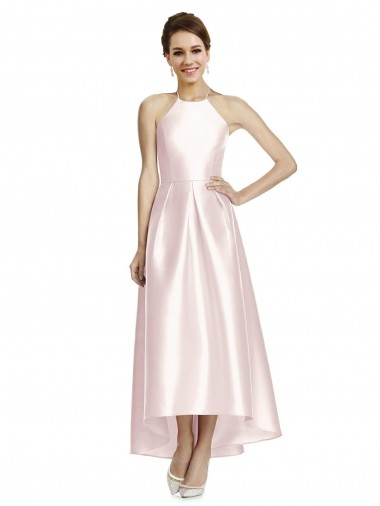 Shop Long High-Low Halter Satin Bridesmaid Dress with Criss-Cross Back Edmonton
