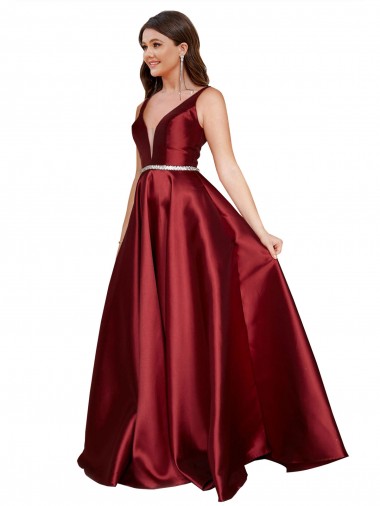 Shop Sleeveless Deep V-Neck A-Line Formal Satin Bridesmaid Dress / Prom Dress with Pockets Edmonton