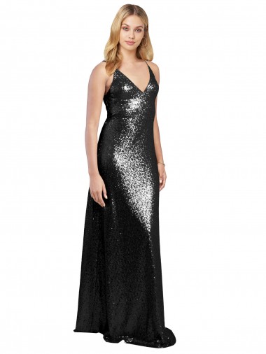 Shop Full Length A-Line Formal Sequin Bridesmaid Dress / Prom Dress with Spaghetti Straps V-Neckline Edmonton