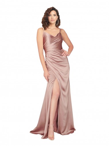 Shop Floor Length Formal Silky Satin Bridesmaid Dress / Prom Dress with Front Skirt Slit Edmonton