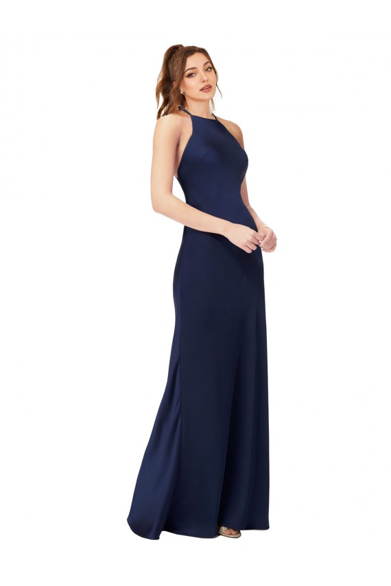 High Neck Satin Bridesmaid Dress / Prom Dress with Strappy Back