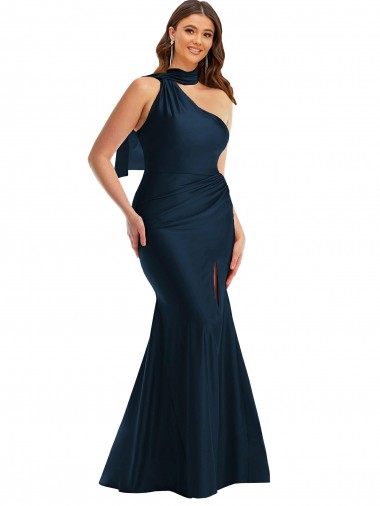 Shop Scarf Neck One Shoulder Formal Silky Satin Mermaid Bridesmaid Dress / Prom Dress with Front Slit Edmonton