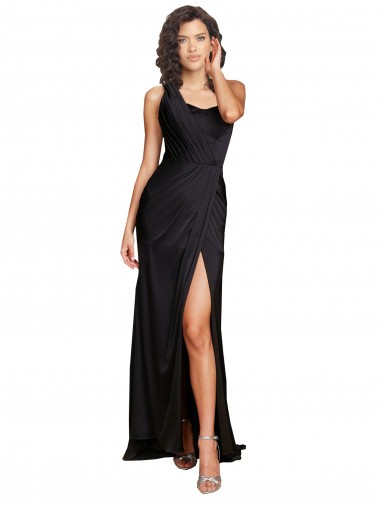 Shop Full Length One Shoulder Ruffled Long Formal Silky Satin Bridesmaid Dress / Prom Dress with High Slit Edmonton