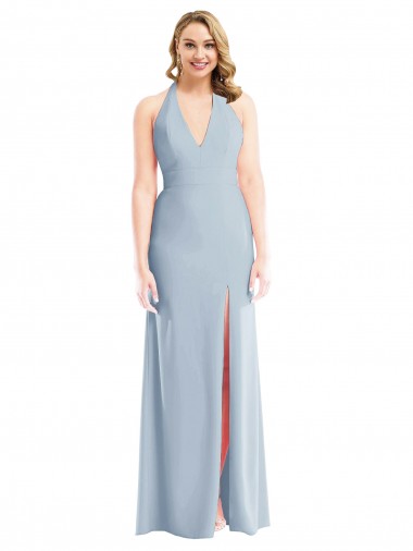 Shop Plunge Neck Halter Backless Trumpet Bridesmaid Dress / Prom Dress with Front Slit Edmonton