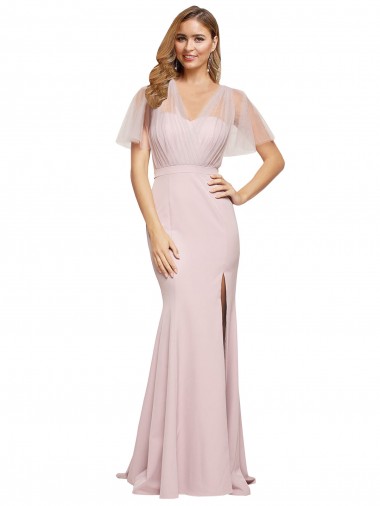Shop Crepe Long Sweetheart Neckline Formal Bridesmaid Dress / Prom Dress with Tulle Overlay Shoulders Edmonton