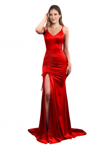 Shop Long Pleated Formal Stretch Satin Bridesmaid Dress / Prom Dress with High Slit Edmonton