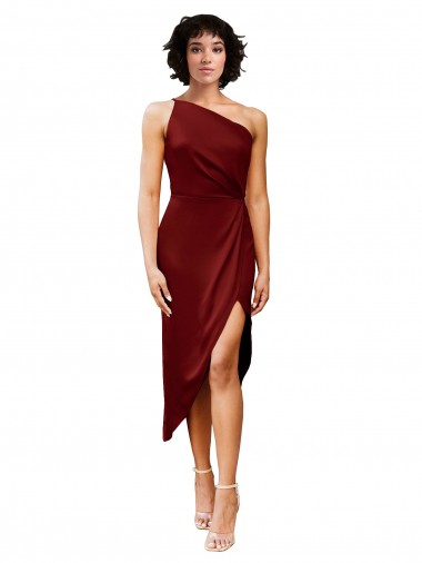 Shop One Shoulder Cocktail Midi Length Short Formal Stretch Satin Wrap Style Bridesmaid Dress / Prom Dress Edmonton