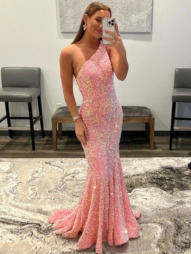 Shop Open Back One Shoulder Sleeveless Long Sweep Train Velvet Sequin Prom Dress Edmonton
