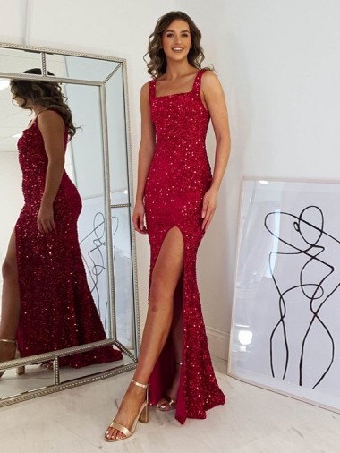 Shop Square Neck Sleeveless Long Velvet Sequin Prom Dress with Slit Edmonton