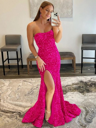 Shop Strapless Sleeveless Long Sweep Train Velvet Sequin Prom Dress with Side Slit Edmonton