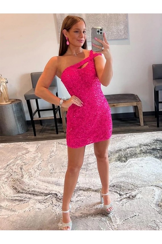 Velvet Sequin One Shoulder Sleeveless Short Prom Dress