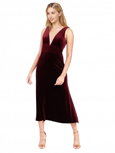 Shop Daring Plunging V-Neckline Short Midi Cocktail Length Velvet Bridesmaid Dress / Prom Dress Edmonton