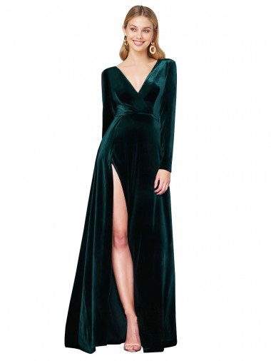 Shop Deep V-Neck Long Sleeves Formal Velvet Bridesmaid Dress / Prom Dress with High Side Split Edmonton