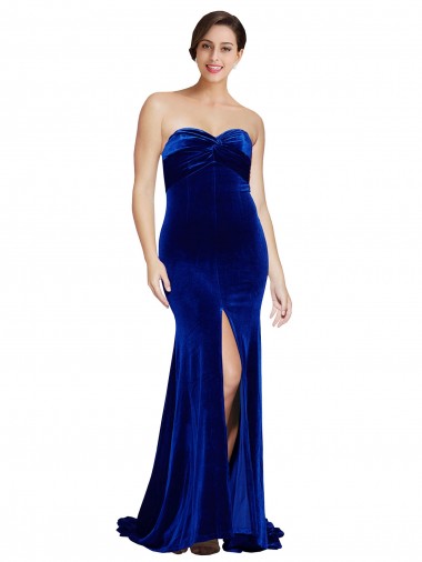 Shop Strapless Ruched Formal Velvet Bridesmaid Dress / Prom Dress with Sweep Train and Front Slit Edmonton