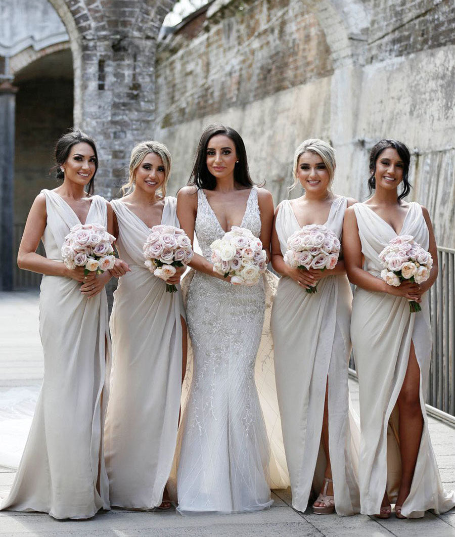 Full Length Luxe Chiffon Long Champagne bridesmaid dresses Edmonton with Sexy High Slit and Front Ruffles