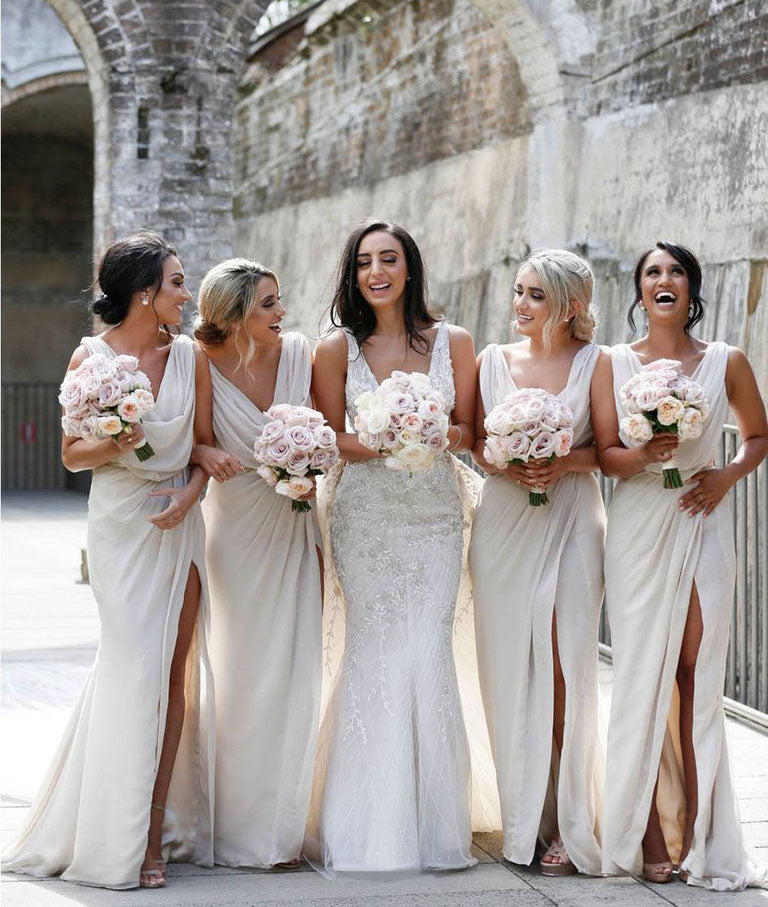 Full Length Luxe Chiffon Long Champagne bridesmaid dresses Edmonton with Sexy High Slit and Front Ruffles